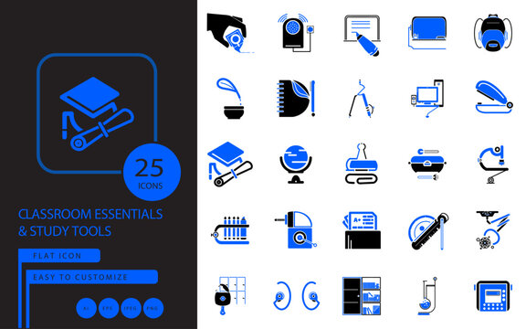 Education and classroom essentials study tools icon collection