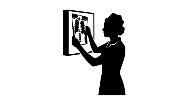 silhouette of a female nurse examining a chest x-ray on a lightbox