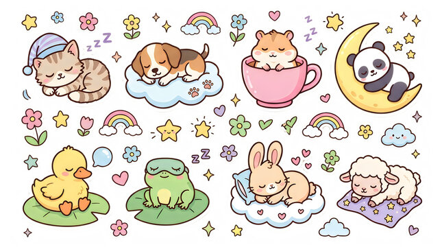 Cute pixel art animal characters collection with sleeping cat puppy hamster panda and duck