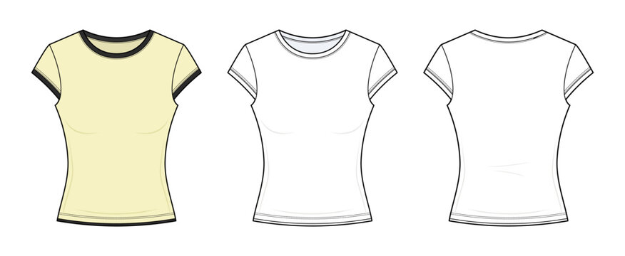 Women's Round Neck Cap Sleeve Baby Tee Technical Fashion Flat Sketch CAD Vector Template. With contrasting details. Front and Back View Blank T-Shirt Mockup Design.