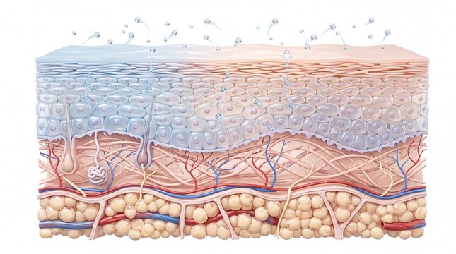 Cross section of human skin showing epidermis, dermis, subcutaneous layer, hair follicle, sweat gland, blood vessel, and water barrier function