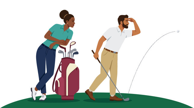 A diverse couple enjoys a leisurely day on the green, with the man intently watching his golf ball soar after a powerful swing, observed by the woman.