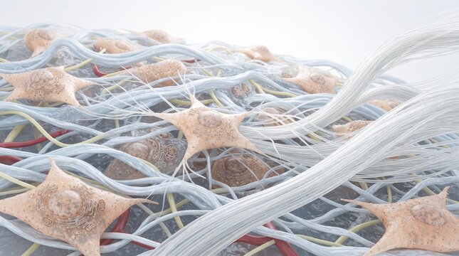 Collagen skin structure fibroblast cell connective tissue elastic fiber extracellular matrix biology anatomy microscopic healthy smooth detailed science