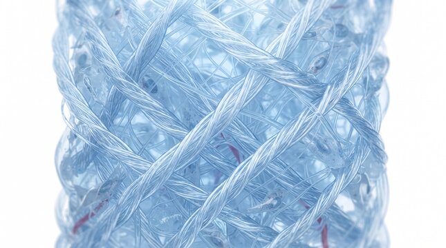 Translucent blue fiber texture, closeup of synthetic thread structure, abstract pattern with intertwined strands, modern material, smooth surface, macro detail, clean and futuristic
