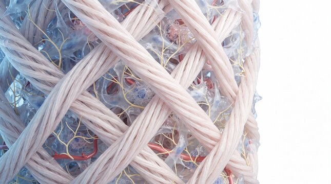 Collagen fiber, skin structure, connective tissue, and nerve network intertwine in detailed, scientific, and medical illustration, highlighting complexity and beauty of human anatomy