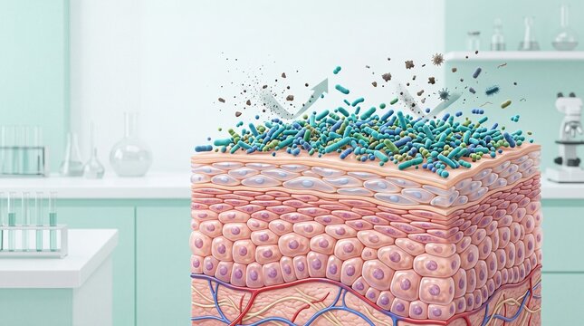 Cross section skin microbiome protection healthy skin layer bacteria barrier laboratory background scientific illustration clean defense immunity dermatology