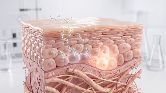 Cross section skin structure, peptide molecules penetrating epidermis, stimulating regeneration, collagen production, and cell renewal in bright laboratory environment