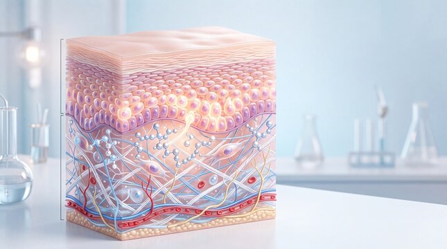 Cross section skin structure collagen fiber peptide skin regeneration hydrated dermis healthy epidermis scientific laboratory background glowing effect medical illustration
