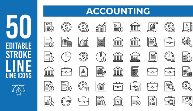 Accounting icons in a set of fifty editable stroke line graphics represent financial concepts.