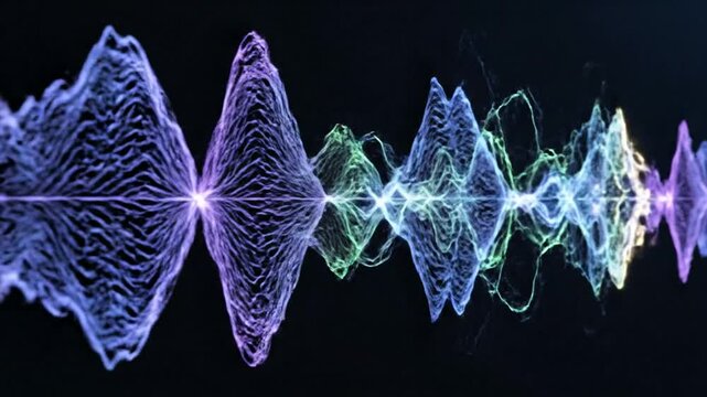 Vibrant sound waves oscillate in colorful patterns on a black background