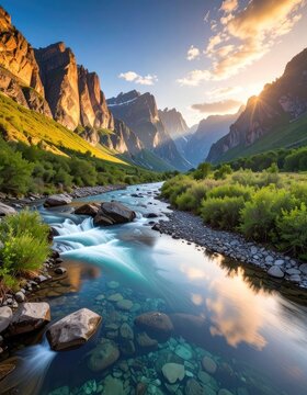Sunlight bathes a majestic mountain valley carved by a flowing river.