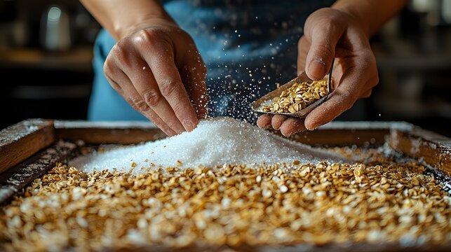 Close up of hands carefully measuring granulated sugar and seeds over a tray filled with oats for bread baking emphasizing precision in food preparation with warm lighting and textured ingredients.