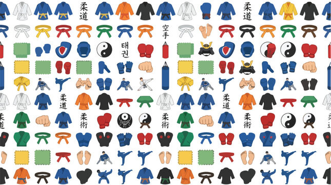 Martial arts icons set pattern background.