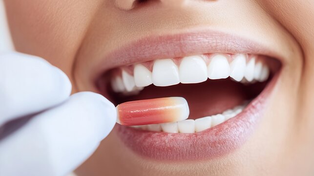 Close-up of a dental professional using a color shade guide to match tooth whitening for a patient in a cosmetic dentistry clinic