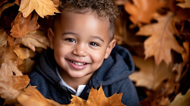 Wide banner of a happy little boy smiling in autumn leaves