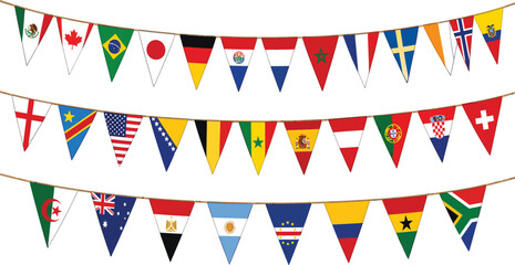 Fototapeta premium World Flag Bunting Banner Vector Illustration Featuring Diverse International Country Pennants for Global Sports Events, Festivals, and Multicultural Celebrations on White Background