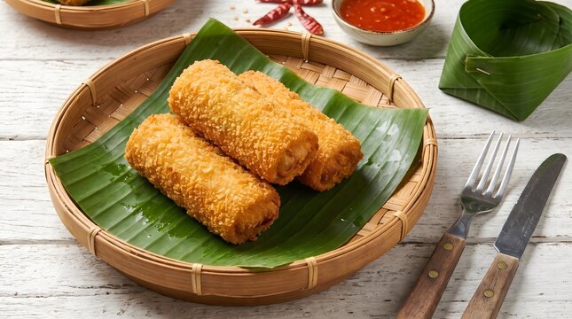 Crispy deep-fried breaded rolls on a woven tray with banana leaf