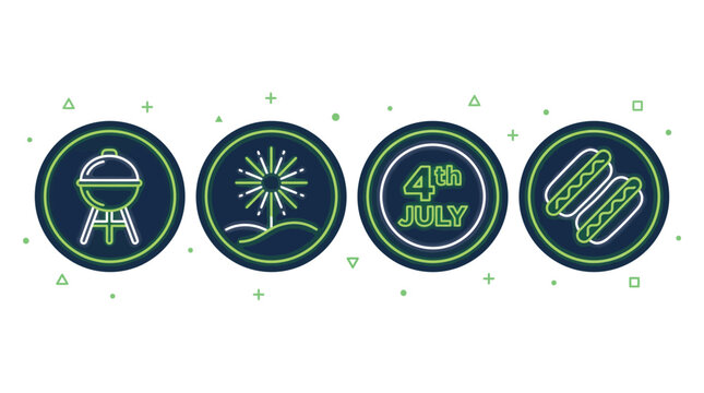 Glowing neon icons for 4th of July celebration with barbecue grill, fireworks, and hotdogs on white