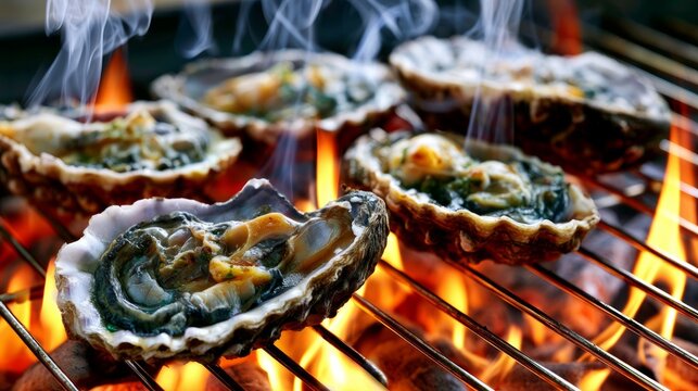 Close-Up of Large Shellfish Roasting on Grill with Smoke Rising in Culinary Setting