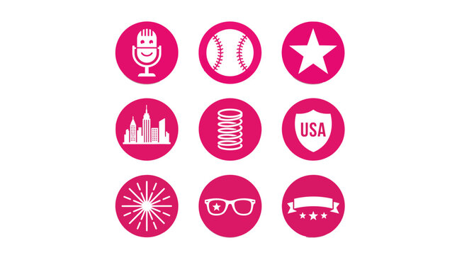 Pink icons set with white graphics on circles including microphone, baseball, star, cityscape, spring, shield
