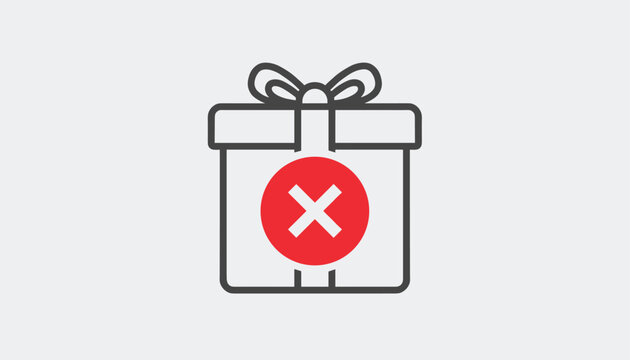 Gift box icon with a red cancel cross mark on its front symbolizing a rejected present or cancelled delivery on a light grey background.
