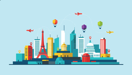 Fototapeta premium Colorful cityscape silhouette of famous global landmarks with airplanes and hot air balloons flying in a bright blue sky.