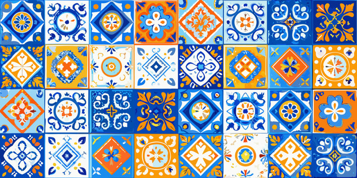 Blue and orange floral ornament pattern with geometric tile design