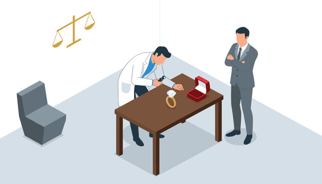 Isometric scene of a professional jeweler examining a large diamond ring under a microscope with a customer waiting in the office.
