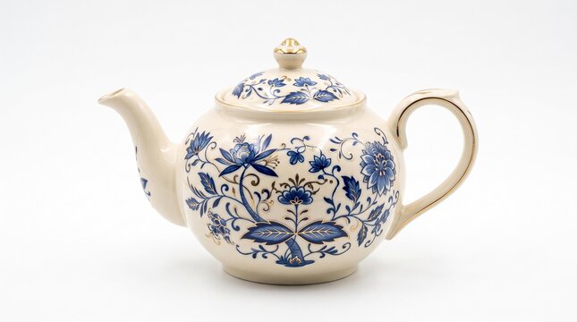 Elegant Blue Floral Ceramic Teapot Isolated on White Background Traditional Porcelain Tea Pot Kitchen Tableware Cut Out