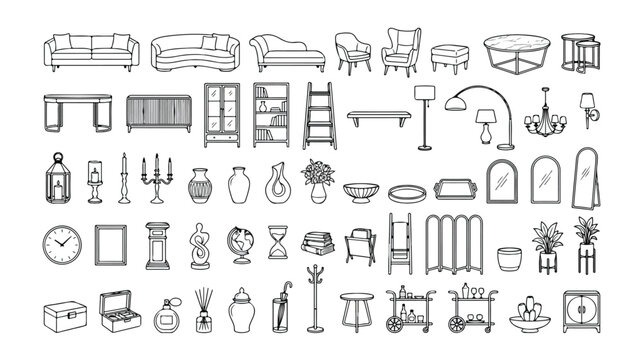 Minimalist home furniture and decor vector icon set, elegant interior design elements, outline illustrations for modern living spaces, 60+ line art objects for home staging and architectural