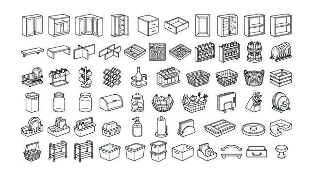 Kitchenware and Storage Icons, a comprehensive vector collection of household items, kitchen organization, and pantry essentials for modern living.