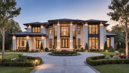 Fototapeta premium Luxury Neoclassical Mansion with Elegant Landscaped Gardens and Grand Estate Architecture
