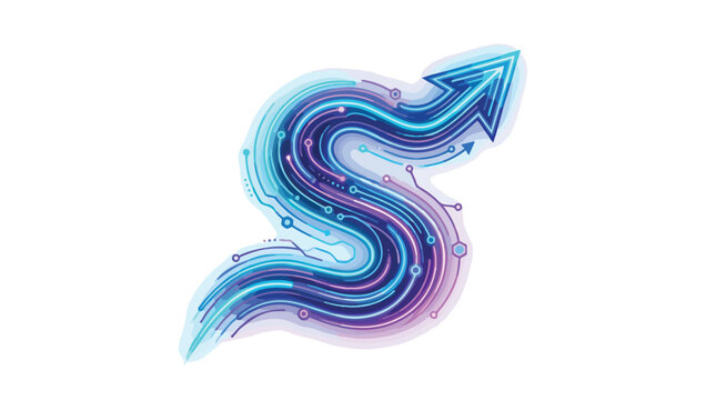 Abstract S shaped arrow icon with glowing neon lines.