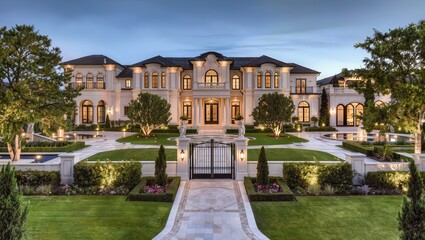 Obraz premium Luxury Neoclassical Mansion with Elegant Landscaped Gardens and Grand Estate Architecture
