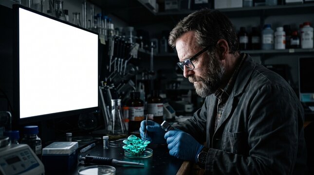 Male researcher examining glowing bioluminescent fungi in a dark lab