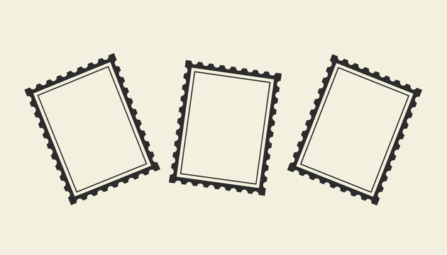 Three classic blank post stamp frames with decorative borders tilted at different angles over a light cream background.