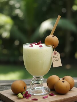 A refreshing fine art photograph of blended kepel juice presented in an elegant glass, garnished with fresh kepel fruit and delicate flower petals. The creamy texture, soft natural light, and lush gre