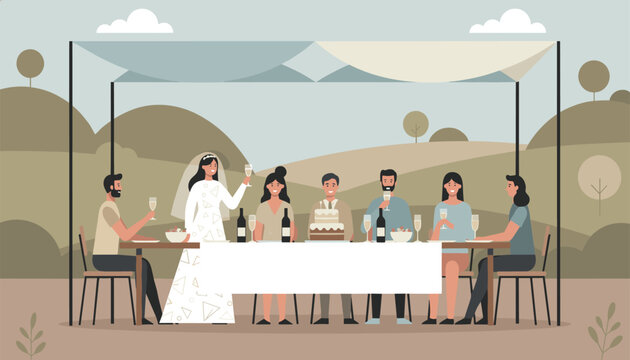 Wedding banquet celebration outdoors with the bride proposing a toast under a beautiful canopy next to the hills.