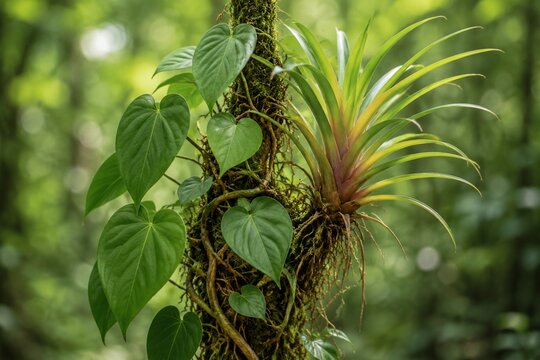 Two symbiotic plants intertwined and a mutual support system, green foliage in natural daylight.