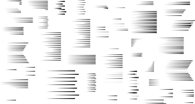 Speed ​​lines. Horizontal lines of various thicknesses. Set of vector illustrations. Linear drawing of various intensities. Technology Logo. Design element. Abstract Geometric shape. EPS 10.