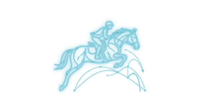 Minimalist blue outline illustration of a horse and jockey show jumping.