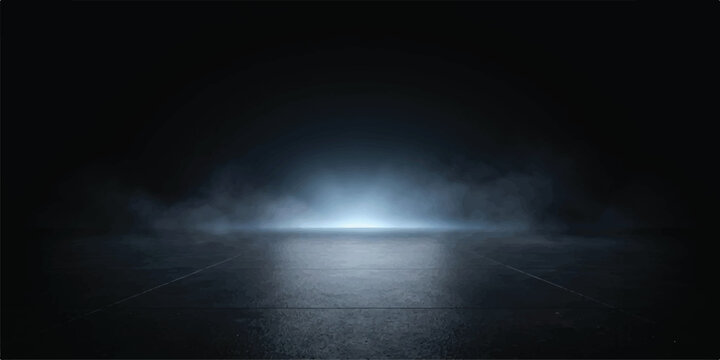 Ethereal Spotlight Fog Background. Intense radiant horizon light emerging through layered smoke above a dark reflective stage surface. Cinematic abstract texture for luxury branding, product showcases