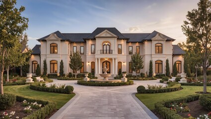 Fototapeta premium Luxury Neoclassical Mansion with Elegant Landscaped Gardens and Grand Estate Architecture