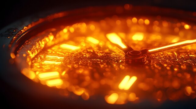 Close up of a luxurious analog clock face glowing with warm amber light as time ticks down in an artistic cinematic shot emphasizing urgency and precision against a dark background.