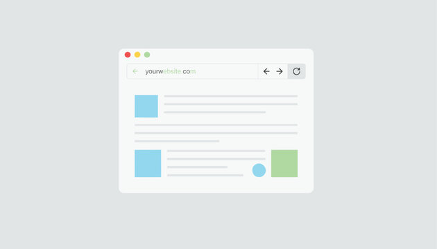 Clean design template of an internet browser window displaying placeholder text and blue and green layout blocks.