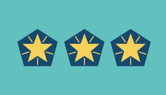 Three dark blue pentagonal badges with glowing yellow stars isolated on a uniform light turquoise background.