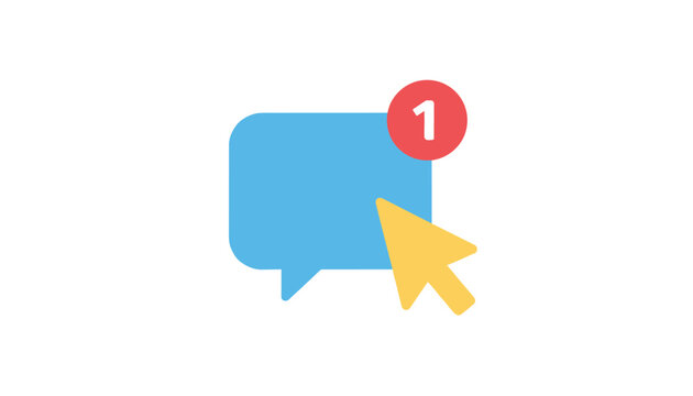 Yellow mouse cursor arrow clicking a blue chat notification bubble with a red count badge on white background.