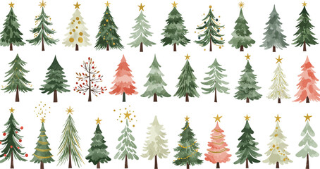 Fototapeta premium A collection of various watercolor christmas trees featuring different styles and colors isolated on a white background for holiday design and festive projects