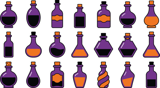 Magic potion bottle icons, 21 purple elixir flasks, alchemy vector isolated on Transparent Background
