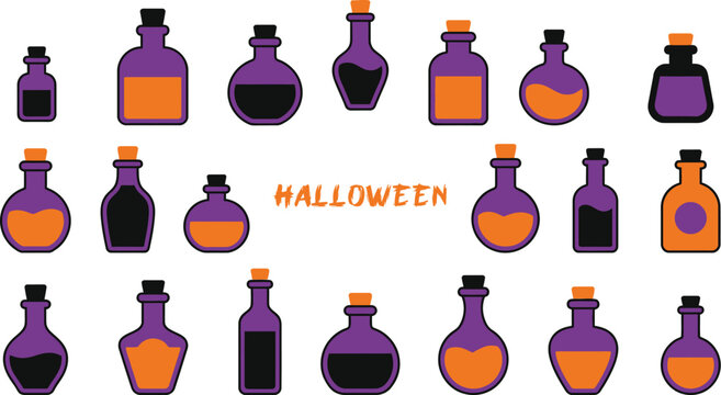 Halloween potion bottle set, magic elixir jars, purple witch vector isolated on Transparent Background
